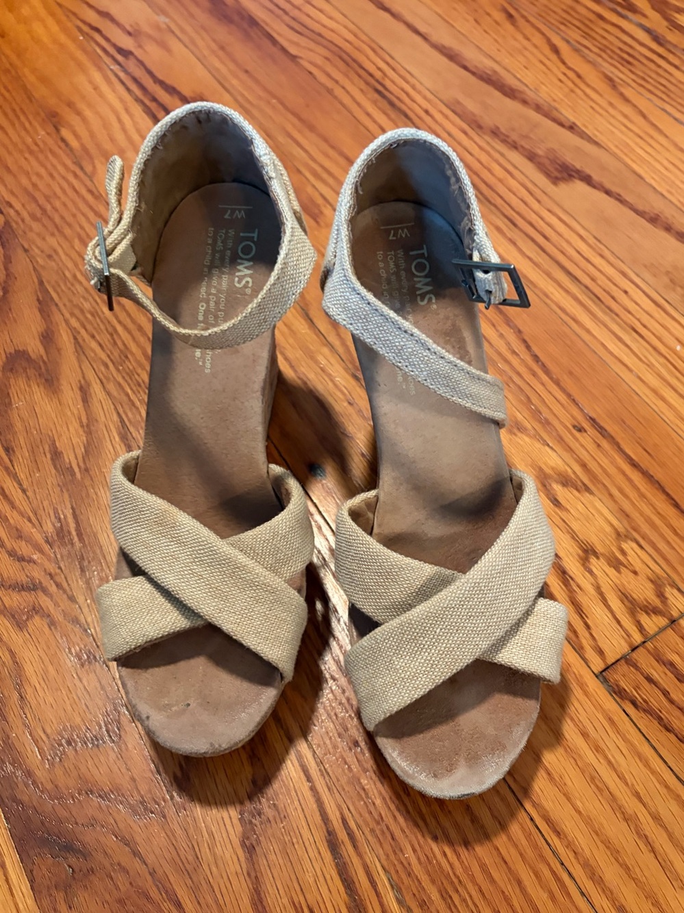 Toms Beige Canvas Cork Wedge Sandals with Ankle Strap size 7